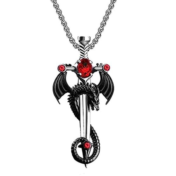Gothic Dragon Sword Cross Pendant Necklace Punk Zircon Vintage Dark Jewelry - Picture 2 of 5